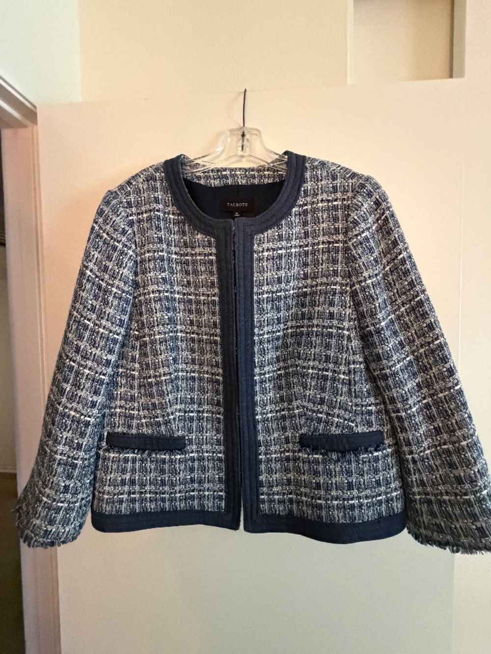 💙 Talbots Navy Tweed Open‑Front Jacket – Size 16